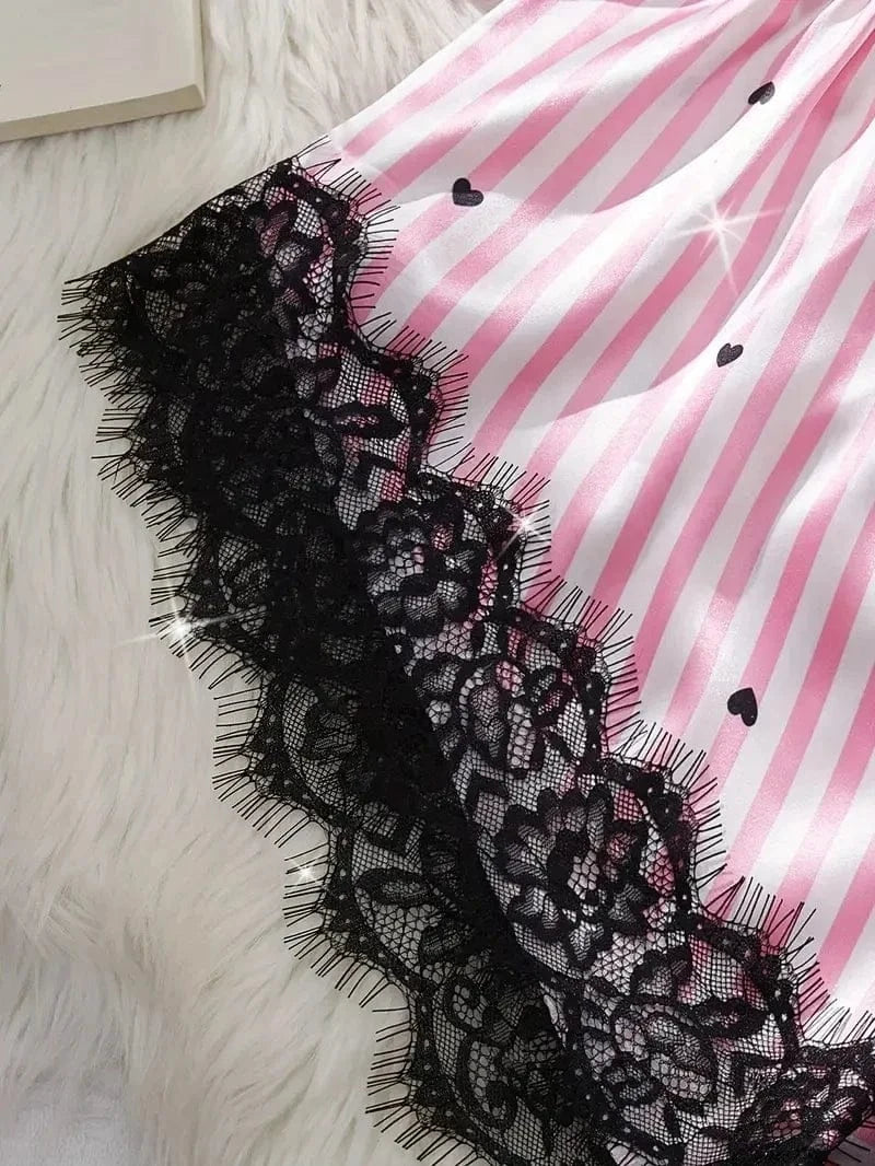 Summer Silk Satin Women's V-Neck Sexy Lace Suspender Pajama Shorts Set Stripes Heart Casual Women's Sleeveless Sexy Pajama Set - A-1 Thread Vault