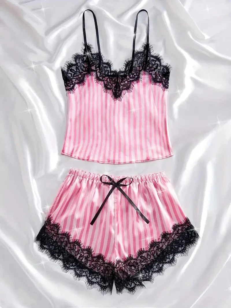 Summer Silk Satin Women's V-Neck Sexy Lace Suspender Pajama Shorts Set Stripes Heart Casual Women's Sleeveless Sexy Pajama Set - A-1 Thread Vault
