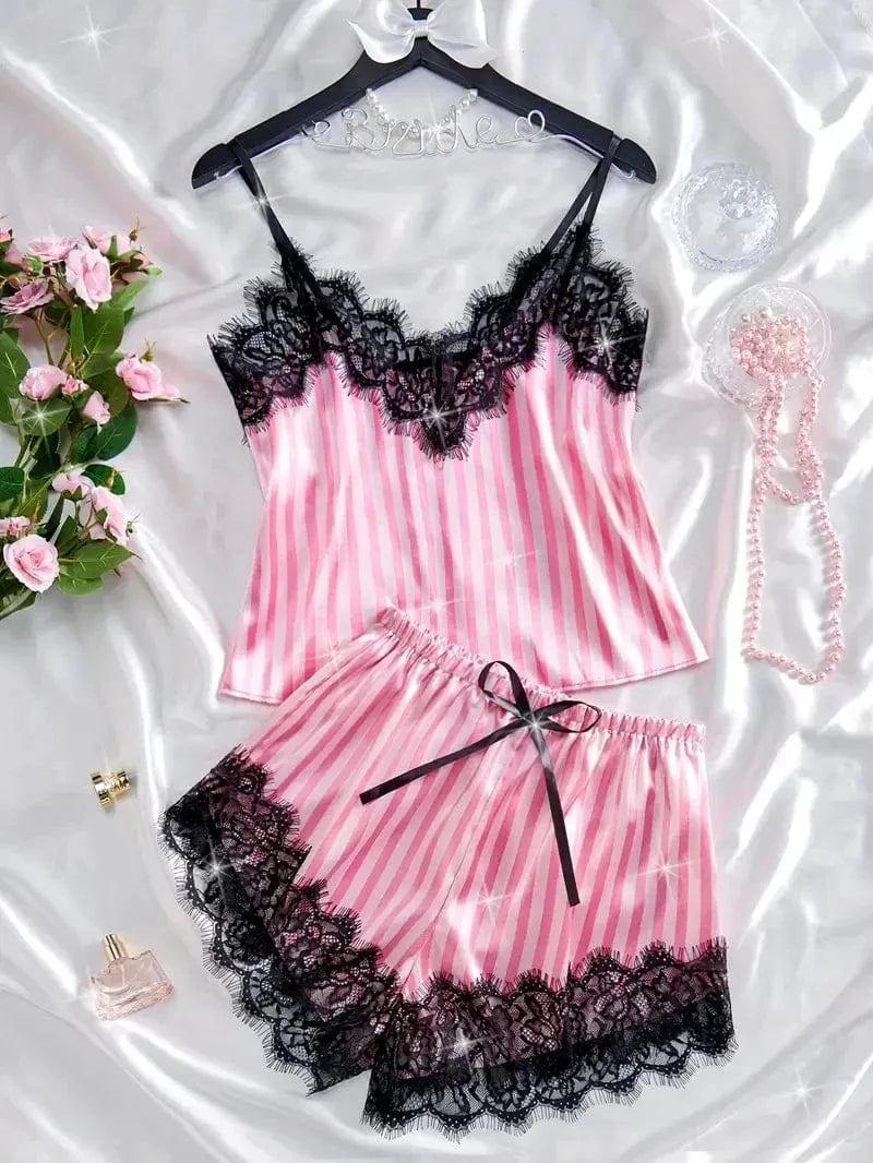 Summer Silk Satin Women's V-Neck Sexy Lace Suspender Pajama Shorts Set Stripes Heart Casual Women's Sleeveless Sexy Pajama Set - A-1 Thread Vault