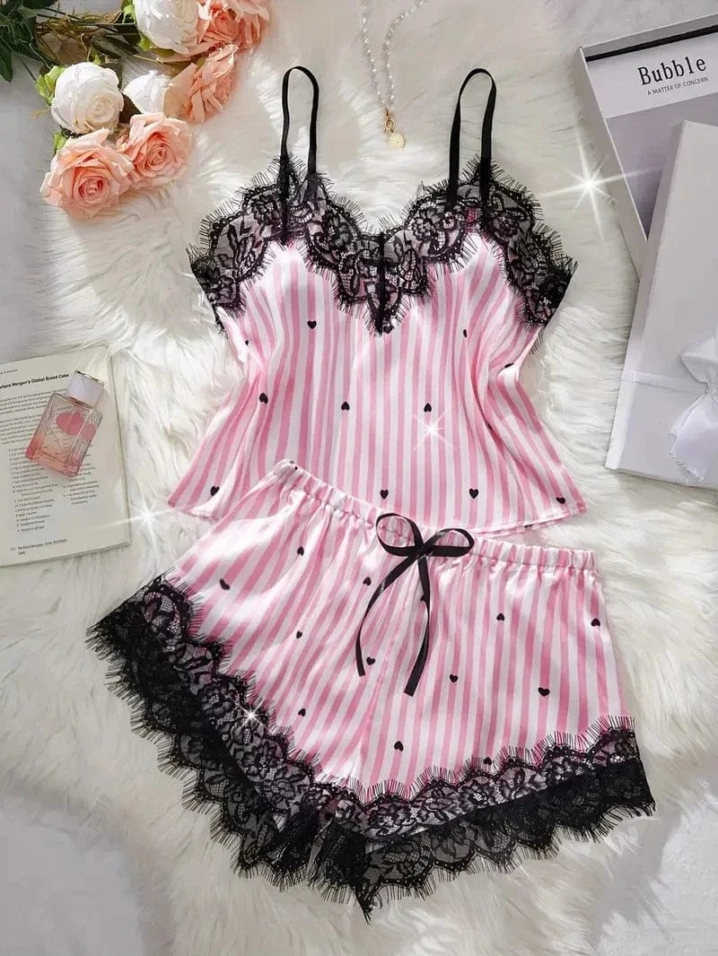 Summer Silk Satin Women's V-Neck Sexy Lace Suspender Pajama Shorts Set Stripes Heart Casual Women's Sleeveless Sexy Pajama Set - A-1 Thread Vault