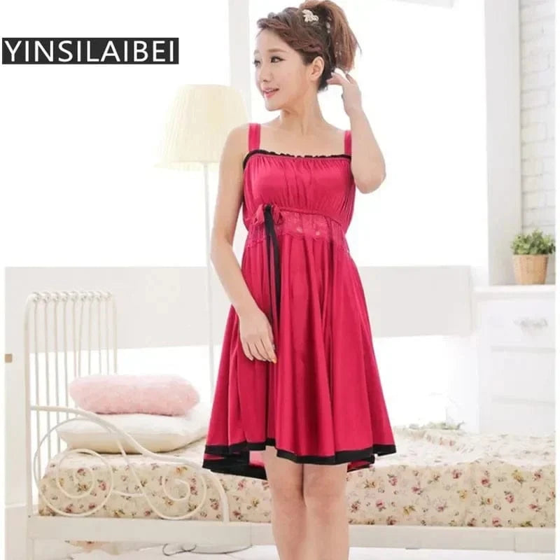 Summer Sleeveless Strap Sexy Women's Sleepwear Female Faux Silk Satin Lace Nightgowns Plus Size Nightwear for Ladies - A-1 Thread Vault