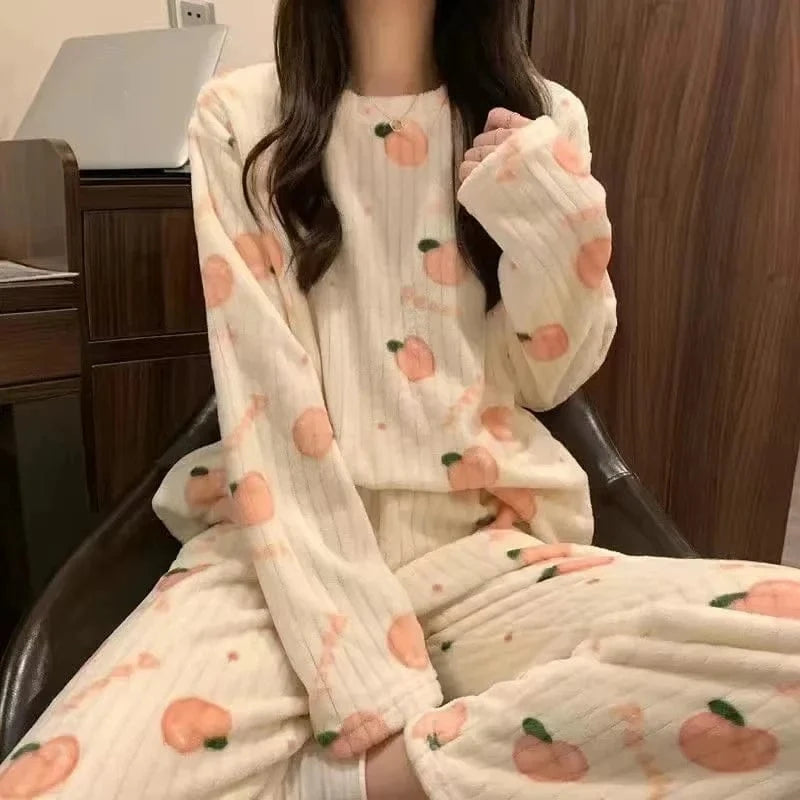 Thiened Long Sve Coral Fce Pajamas Women's Winter Home Clothes Set Cute Cartoon Print round Ne Spwear Set for Youth - A-1 Thread Vault