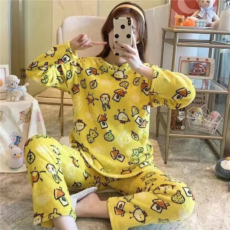 Thiened Long Sve Coral Fce Pajamas Women's Winter Home Clothes Set Cute Cartoon Print round Ne Spwear Set for Youth - A-1 Thread Vault