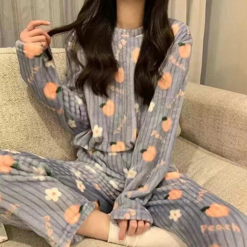 Thiened Long Sve Coral Fce Pajamas Women's Winter Home Clothes Set Cute Cartoon Print round Ne Spwear Set for Youth - A-1 Thread Vault
