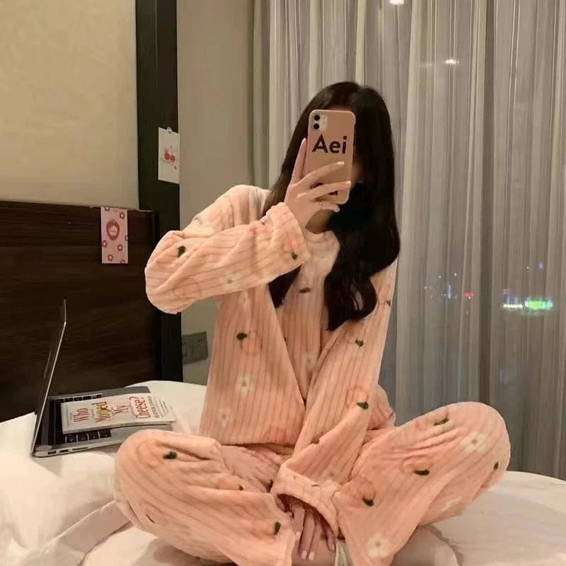 Thiened Long Sve Coral Fce Pajamas Women's Winter Home Clothes Set Cute Cartoon Print round Ne Spwear Set for Youth - A-1 Thread Vault