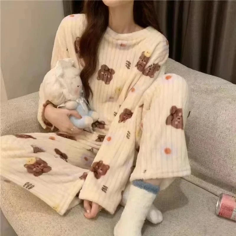 Thiened Long Sve Coral Fce Pajamas Women's Winter Home Clothes Set Cute Cartoon Print round Ne Spwear Set for Youth - A-1 Thread Vault
