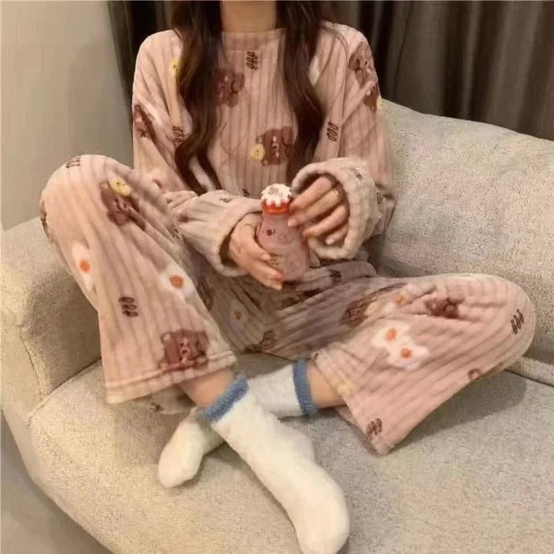 Thiened Long Sve Coral Fce Pajamas Women's Winter Home Clothes Set Cute Cartoon Print round Ne Spwear Set for Youth - A-1 Thread Vault