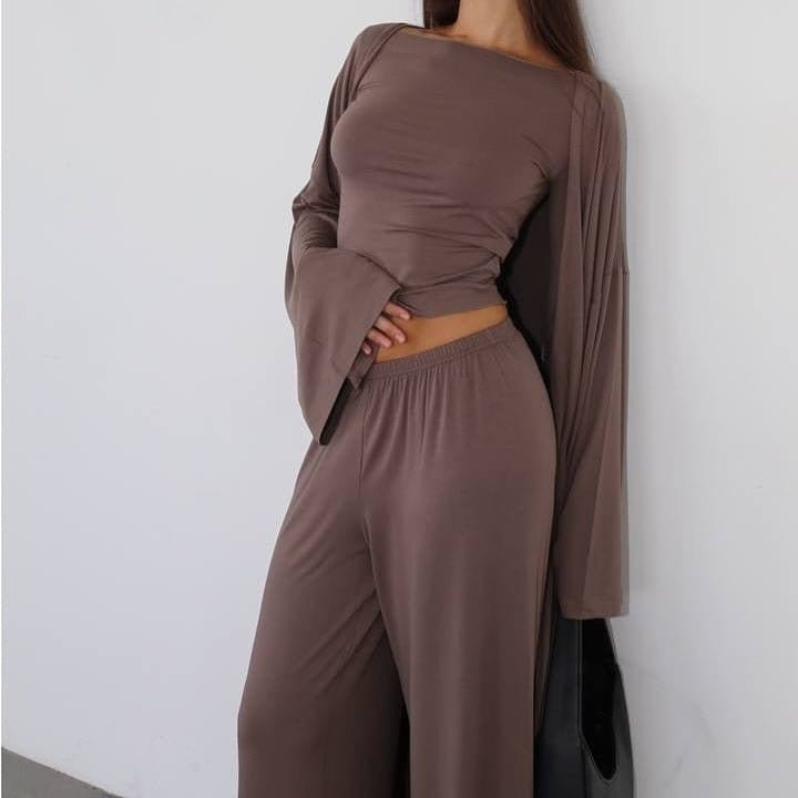 Three-Piece Cape Cardigan Set | Crop Top & Wide-Leg Pants Outfit(MS258) - A-1 Thread Vault