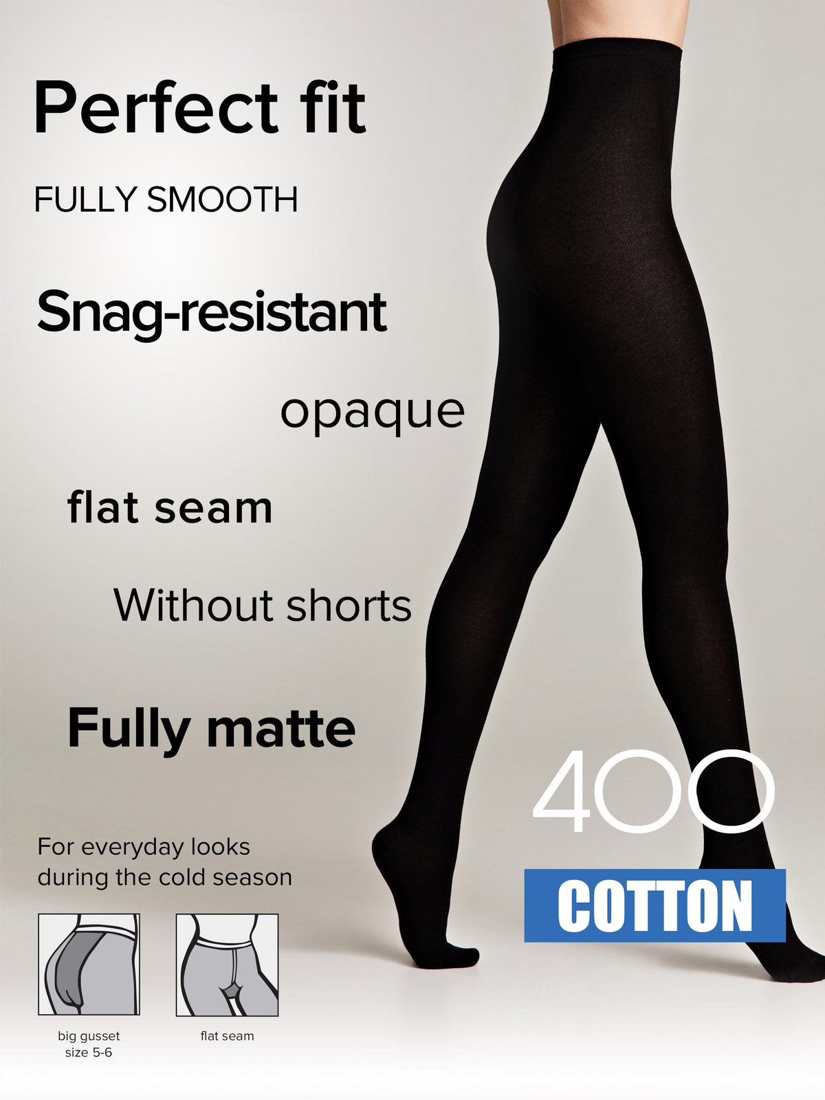 A person wears opaque black tights against a white background, with text features listed on the left and a small diagram showing gusset and seam details at the bottom.
