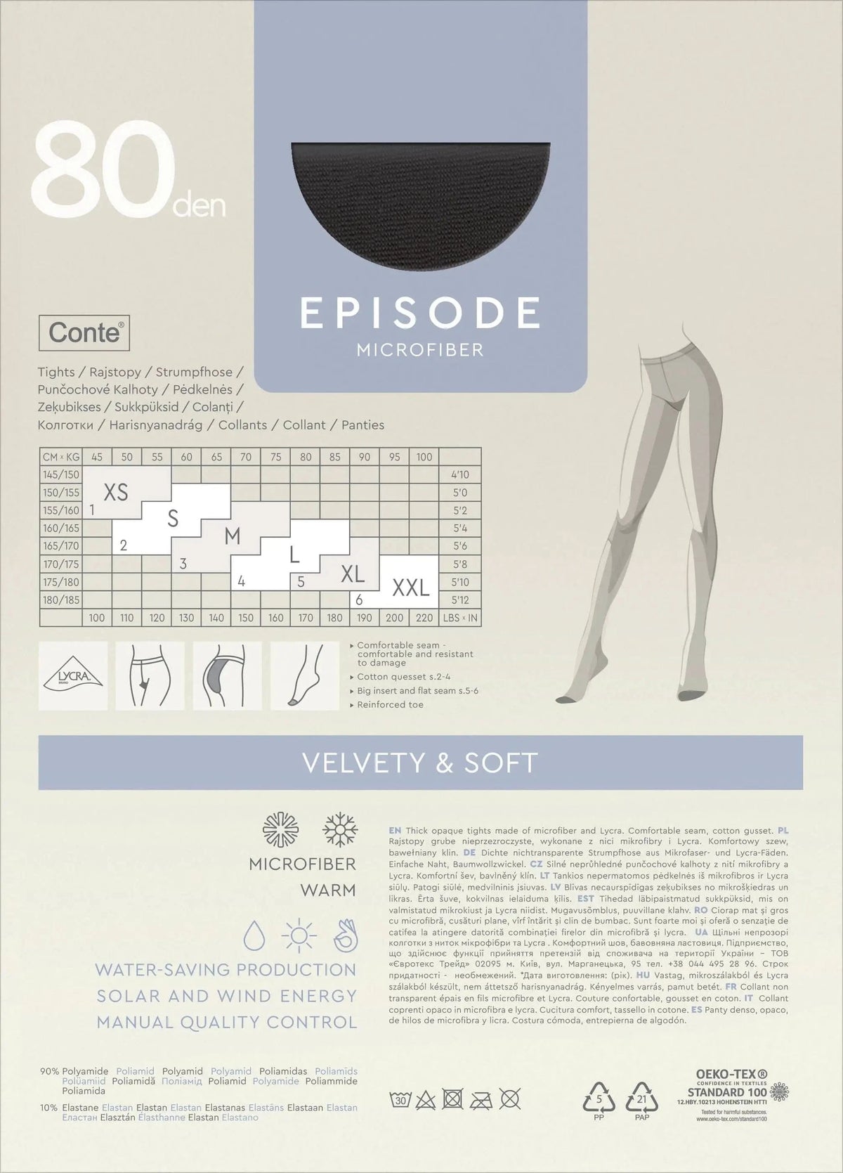 Black opaque tights shown in packaging with a size chart and product information printed on the label.