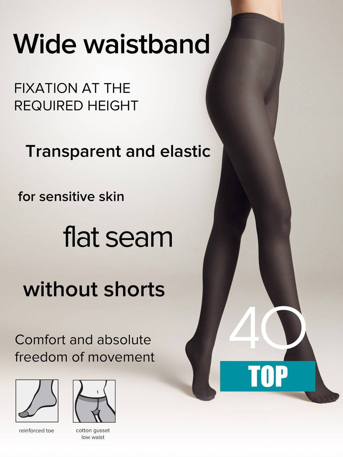 A pair of sheer black tights worn by a model against a plain background, featuring a wide waistband, flat seams, a reinforced toe, and a cotton gusset.