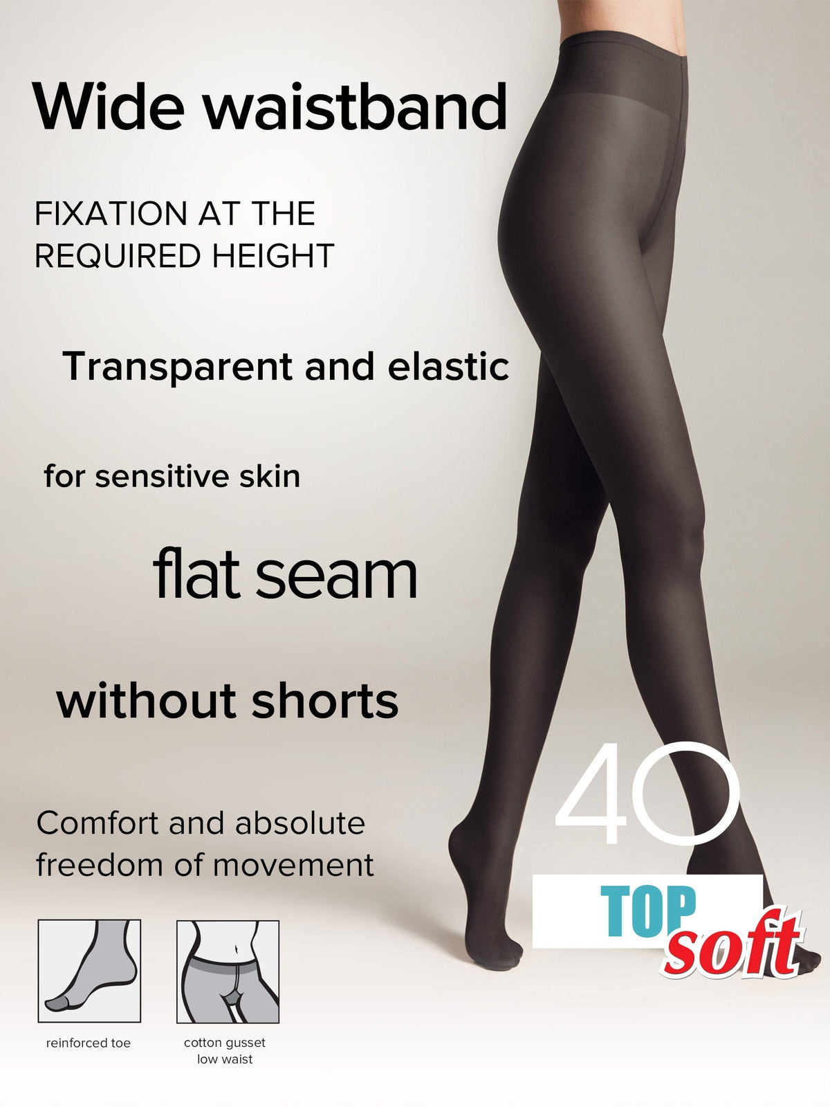 Tights Conte Top Soft 40 Den - Adjustable Fit for Sensitive Skin - A-1 Thread Vault