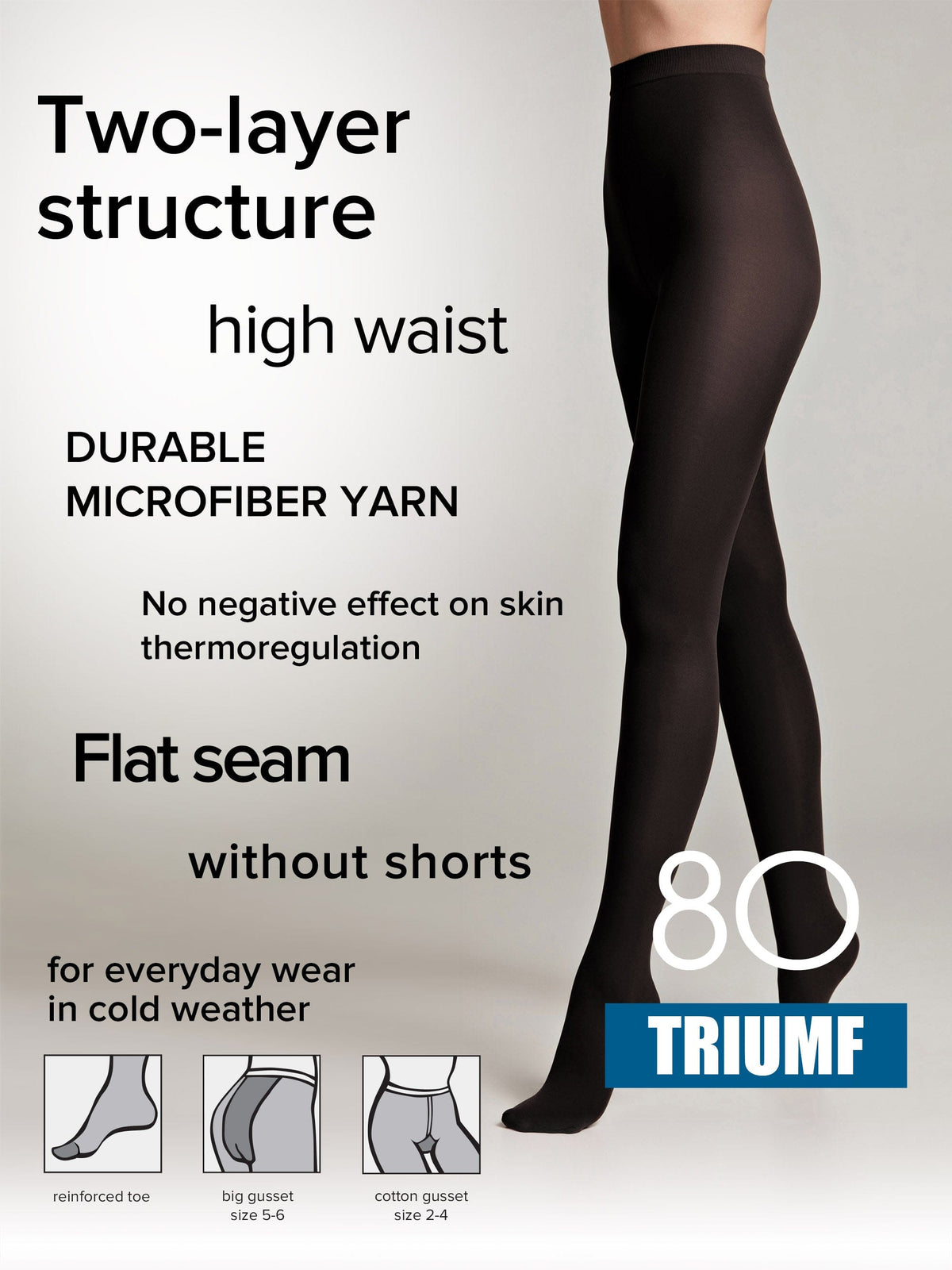 A pair of opaque black tights worn by a person, featuring text overlays describing features like a two-layer structure, high waist, flat seams, and reinforced toes.