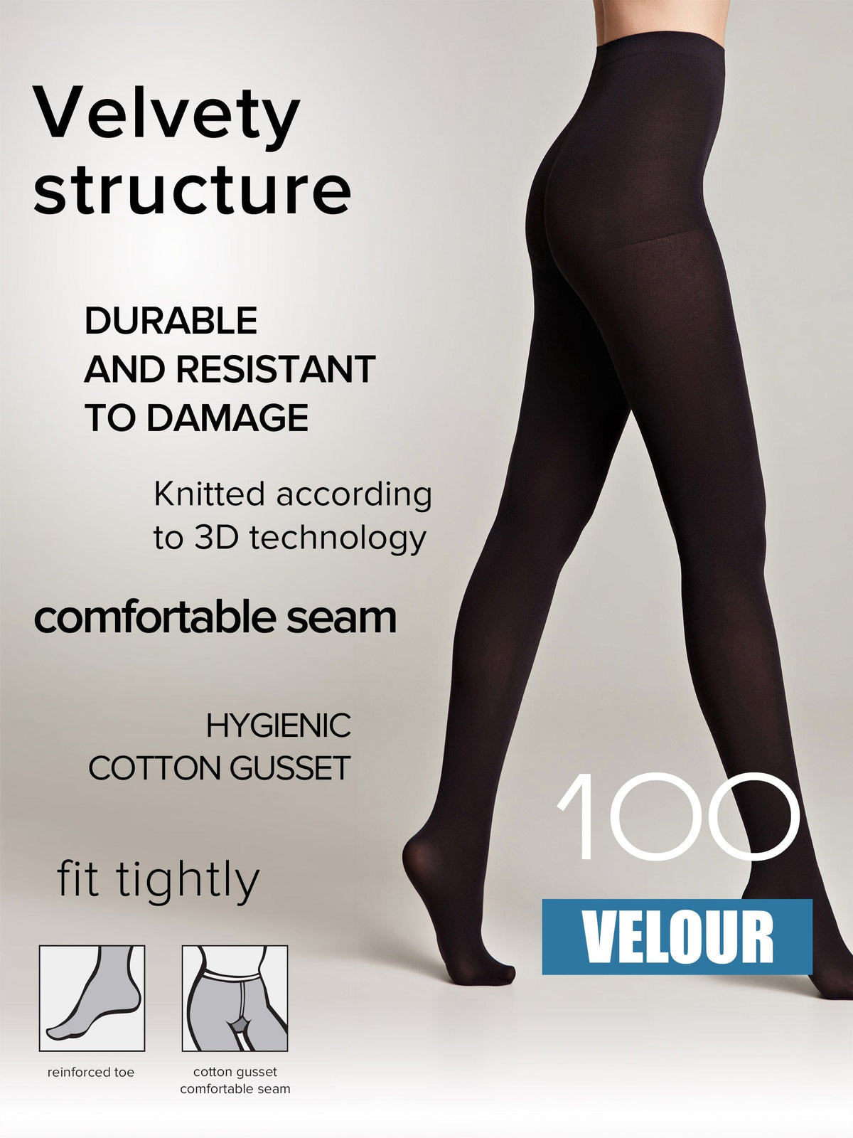 Black opaque tights worn on a model with text overlays describing product features like the velvety structure, reinforced toe, and cotton gusset.