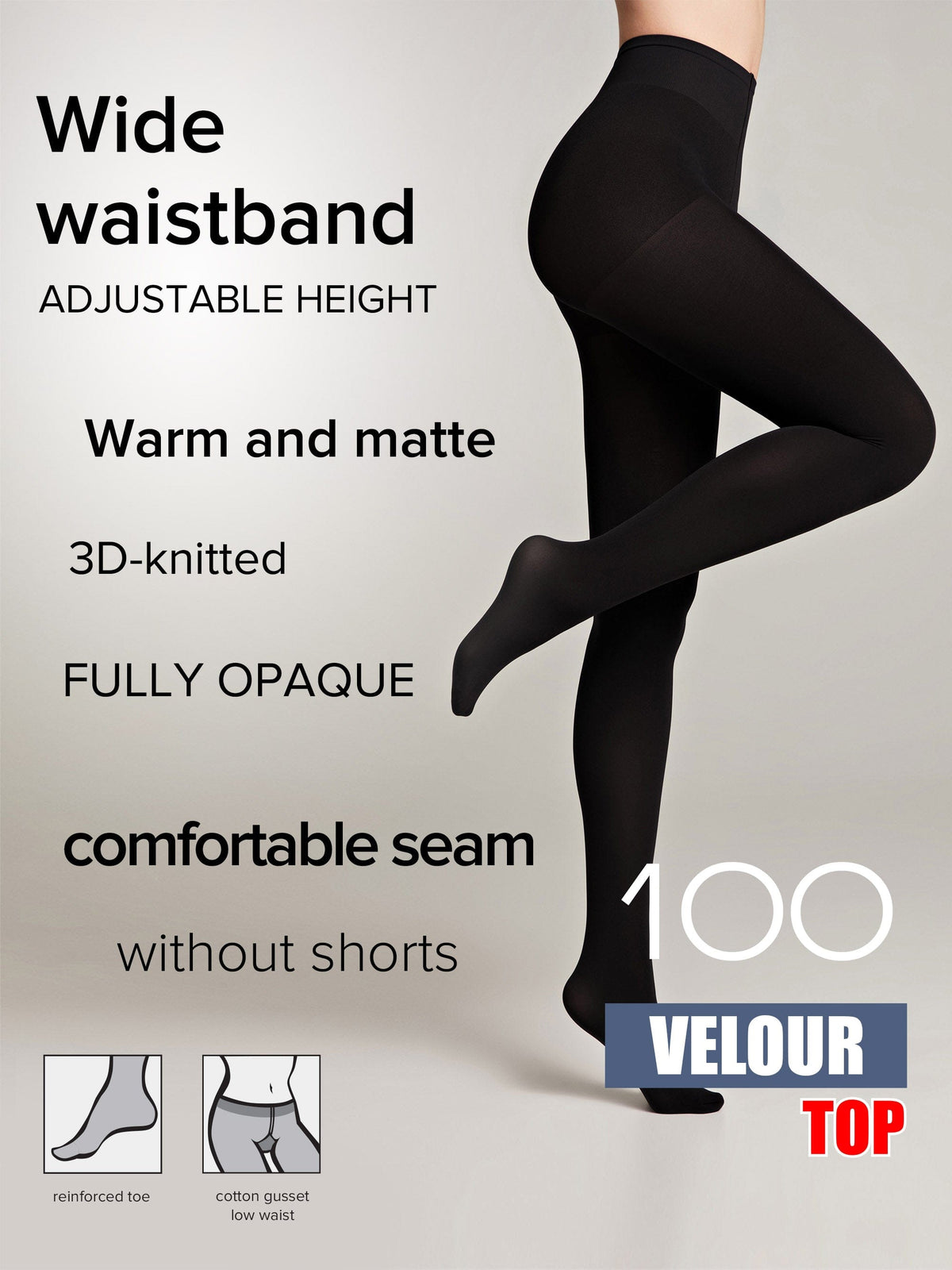 Black opaque tights on a model, highlighting a wide waistband, reinforced toe, and cotton gusset features.
