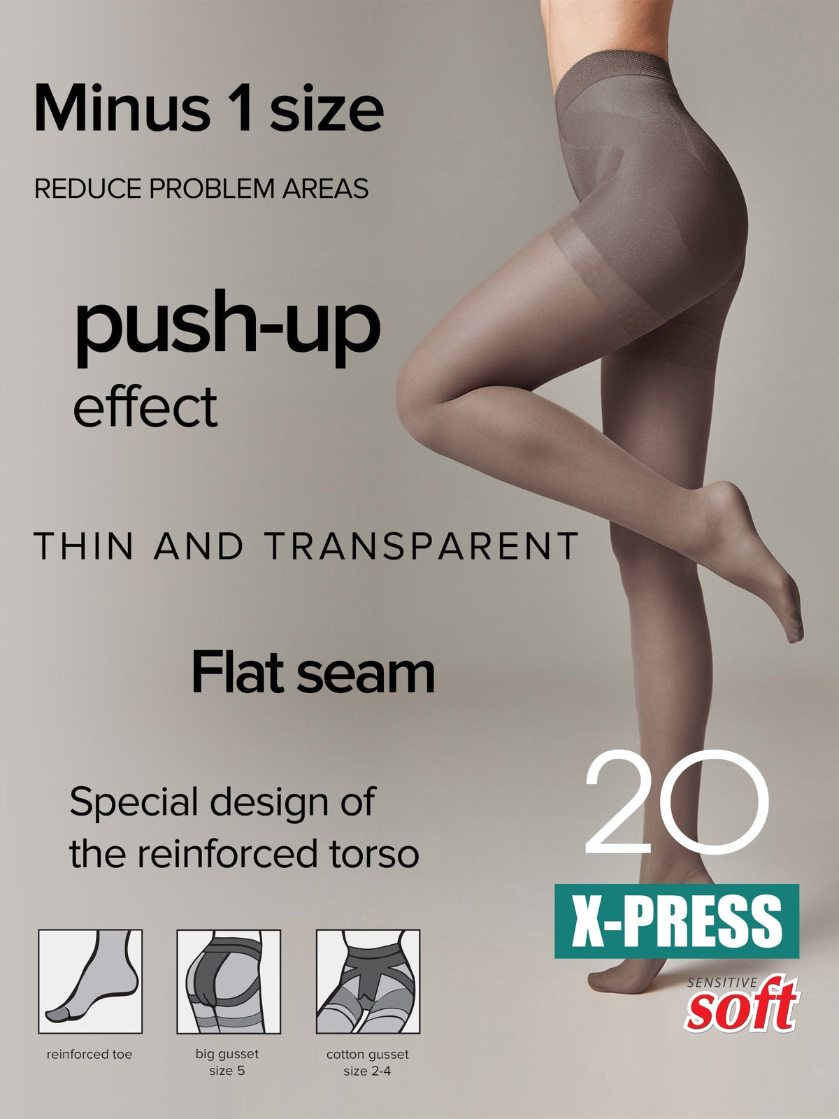 A pair of transparent, light brown pantyhose worn by a woman, highlighting features like a reinforced torso, flat seams, and special gusset designs for shaping.
