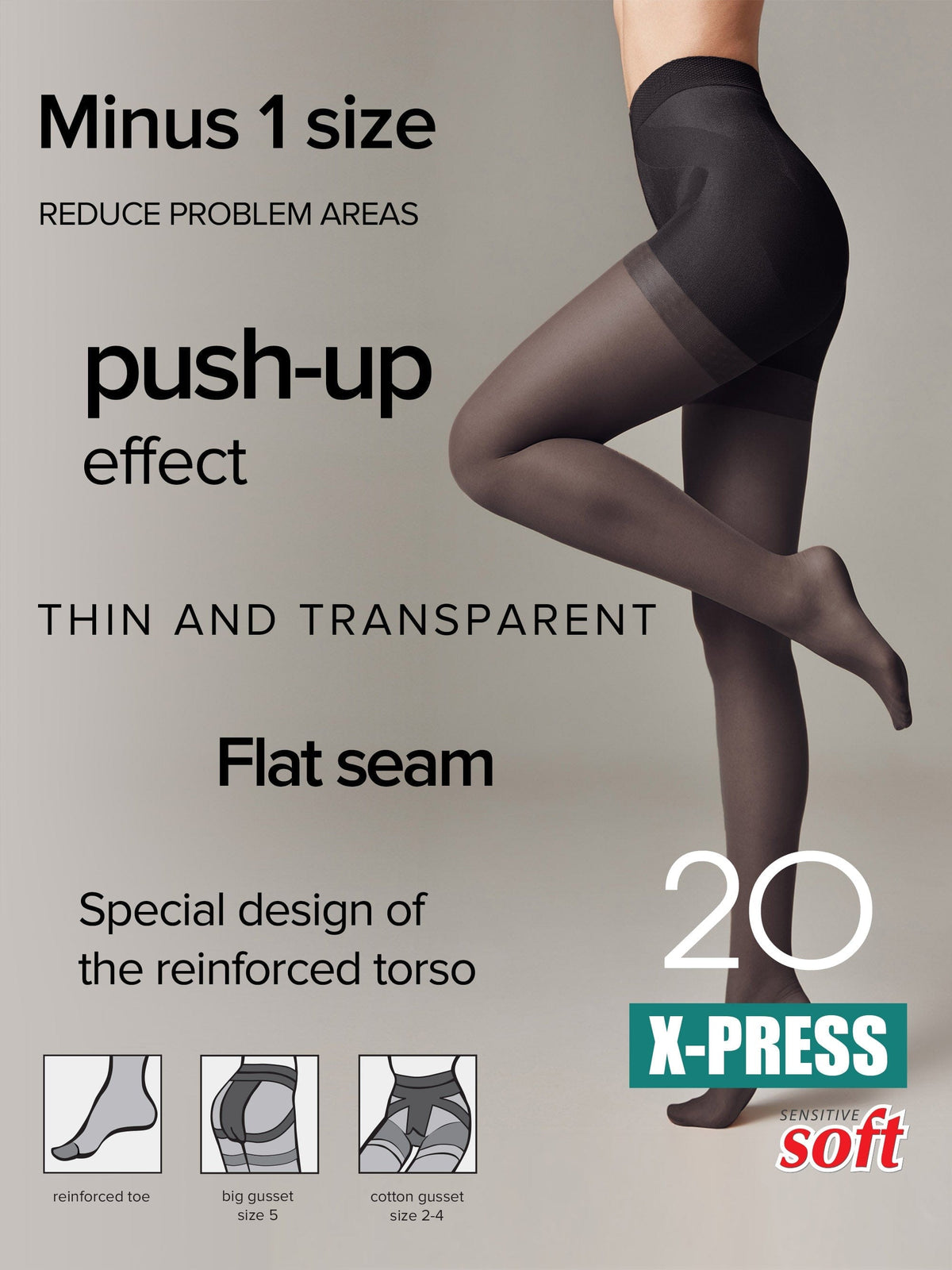 A pair of sheer black tights worn by a person, featuring a reinforced torso design, a flat seam, and diagrams at the bottom showing a reinforced toe and different gusset styles.