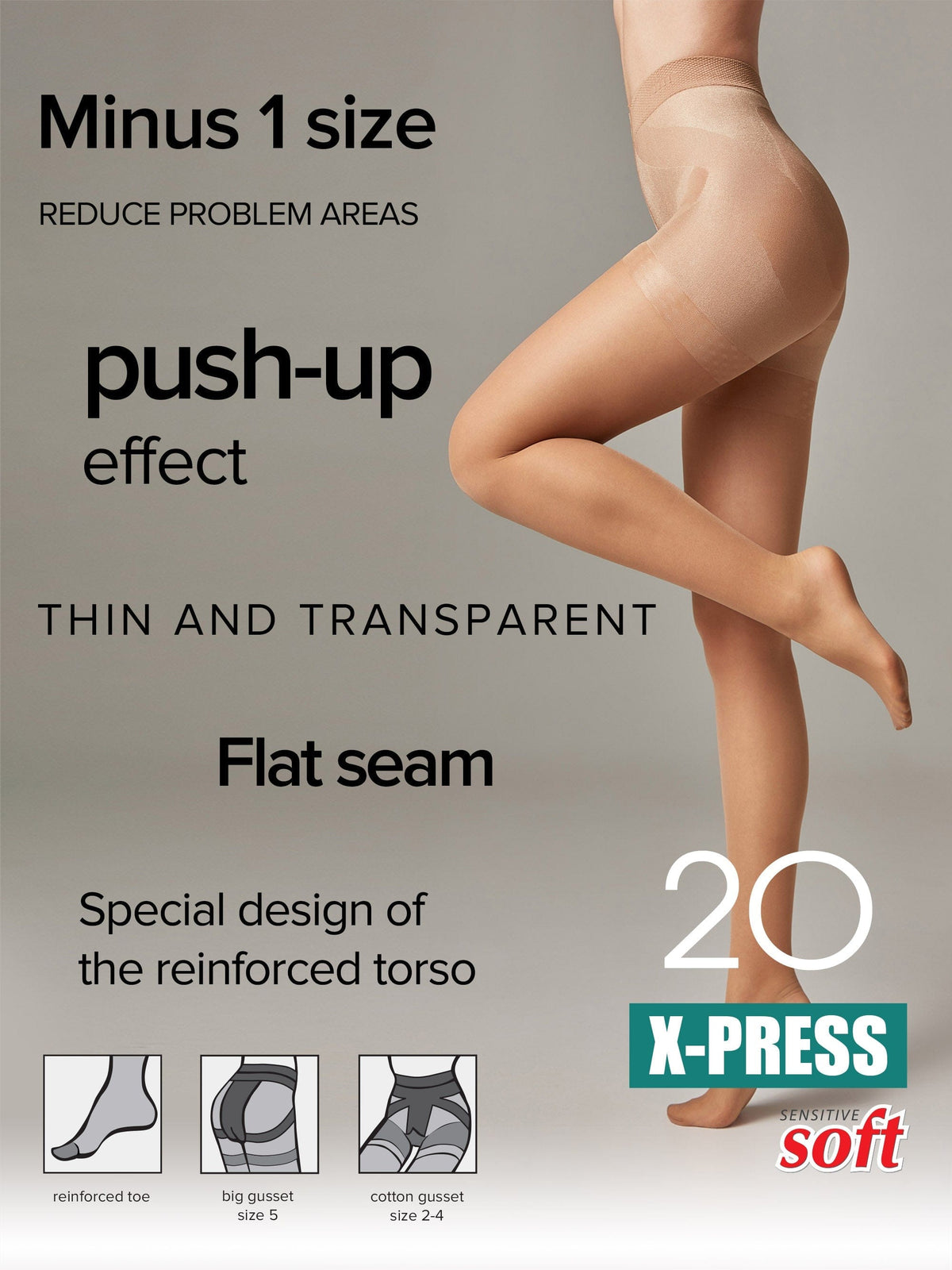 A pair of sheer, nude-colored pantyhose worn by a person, with text overlays detailing features like a reinforced torso, flat seams, and a push-up effect.