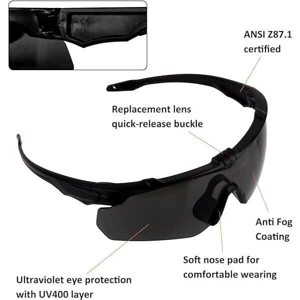 ToopMount Tactical Eyewear Anti Fog, ANSI Z87.1 Shooting Glasses with 3 Interchangeable Lens (Refurbished) - A-1 Thread Vault