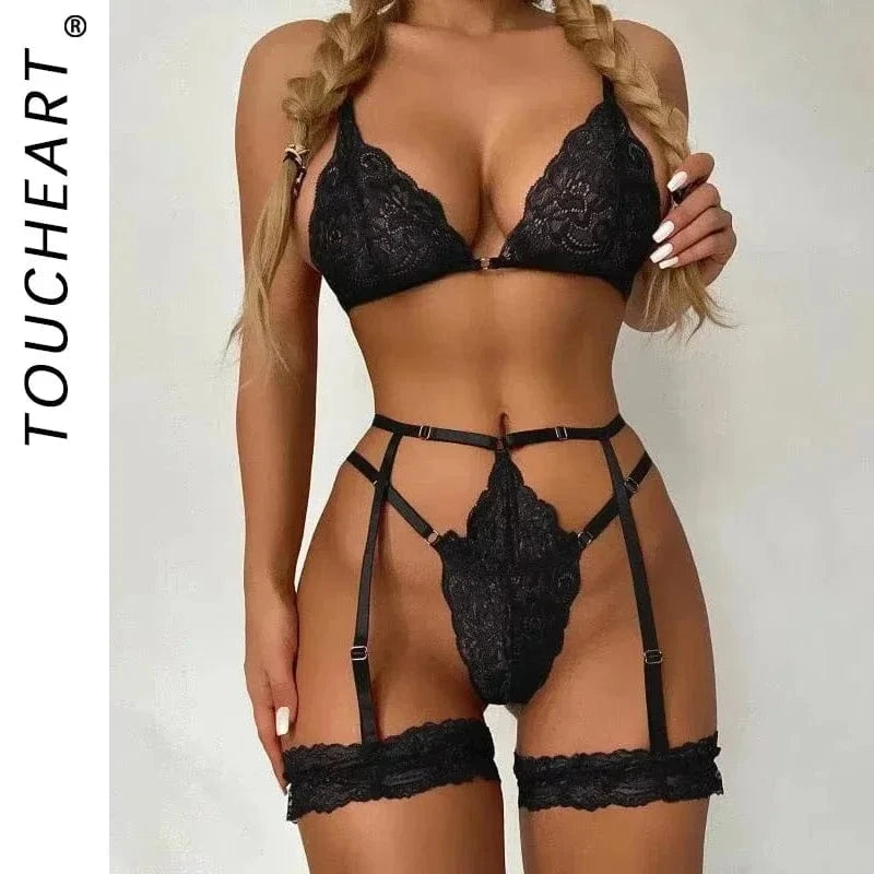 Toucheart 3 Piece Set Sleepwear Suit Sexy Lingerie Women Thin Transparent Lace Bra Set See Through Female Erotic Underwear New - A-1 Thread Vault