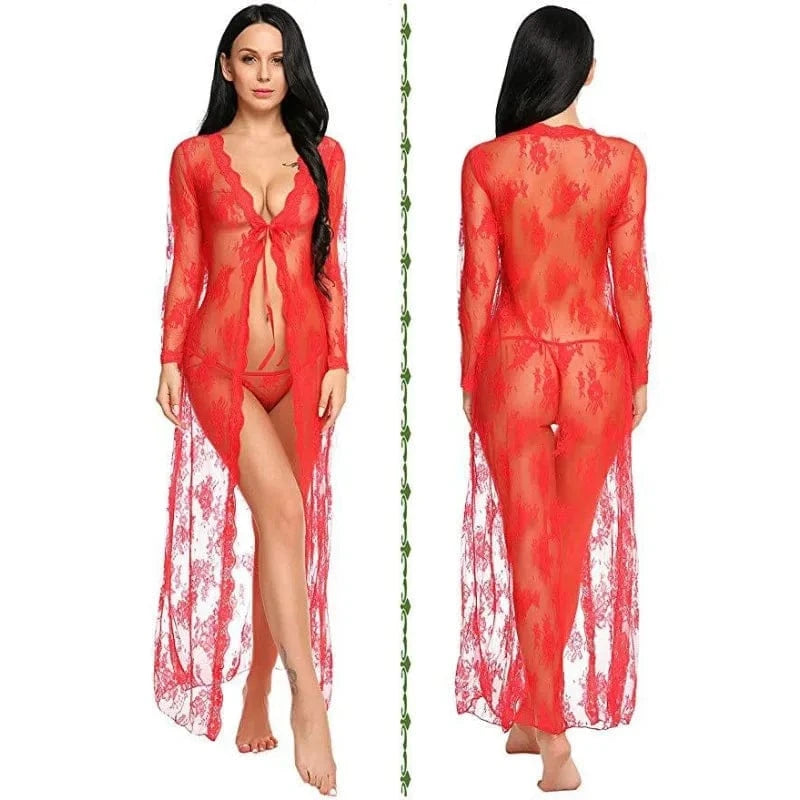 Toucheart Sexy Lace Mesh Transparent Sexy Robe Nightgown Women's See-Through Lace Printing Deep V-Neck Home Ultrathin Nightgown - A-1 Thread Vault