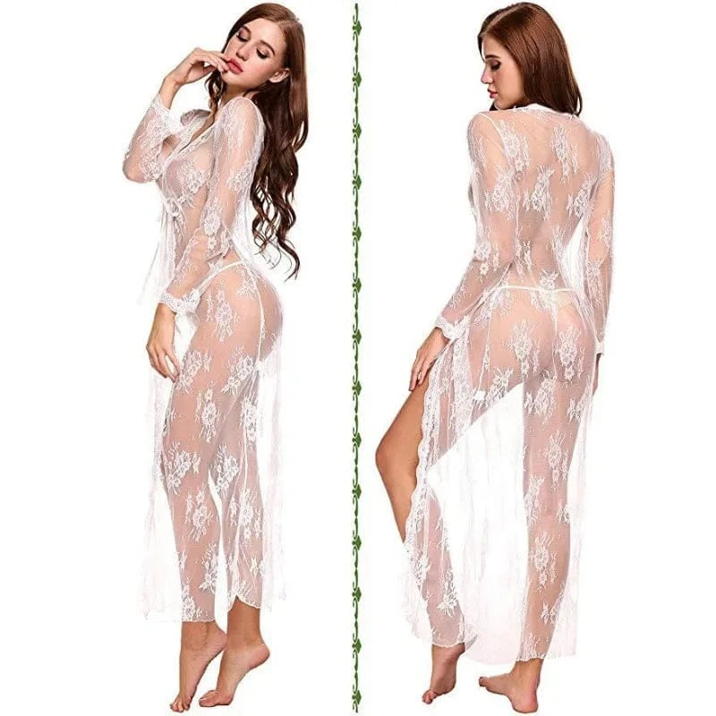 Toucheart Sexy Lace Mesh Transparent Sexy Robe Nightgown Women's See-Through Lace Printing Deep V-Neck Home Ultrathin Nightgown - A-1 Thread Vault