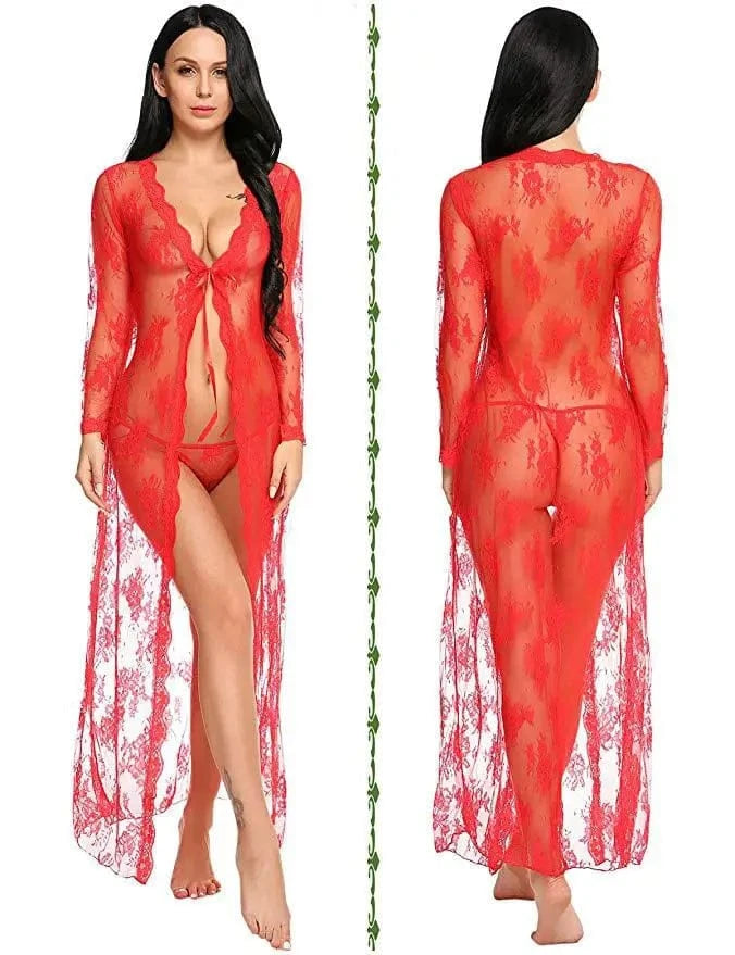 Toucheart Sexy Lace Mesh Transparent Sexy Robe Nightgown Women's See-Through Lace Printing Deep V-Neck Home Ultrathin Nightgown - A-1 Thread Vault