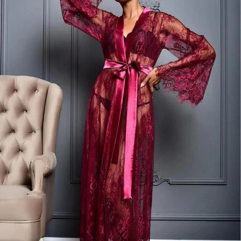 Toucheart Sexy Mesh Nightgown Suit for Women Sexy Lingerie Sexy Lace Women's Solid Color Mesh Perspective Long Nightgown Suit - A-1 Thread Vault