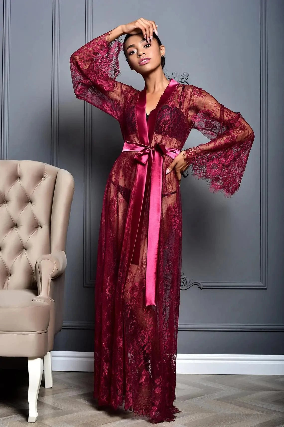 Toucheart Sexy Mesh Nightgown Suit for Women Sexy Lingerie Sexy Lace Women's Solid Color Mesh Perspective Long Nightgown Suit - A-1 Thread Vault