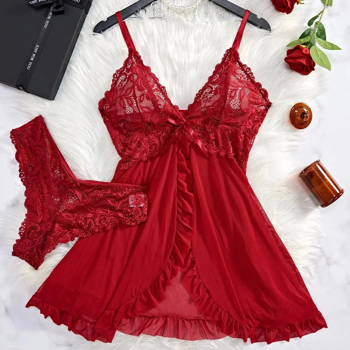 Transparent Red Sexy Lingerie Women's Underwear See Through Sleepwear Lace Nightdress And Panty Pijamas Sets Female Sexy Nighty - A-1 Thread Vault