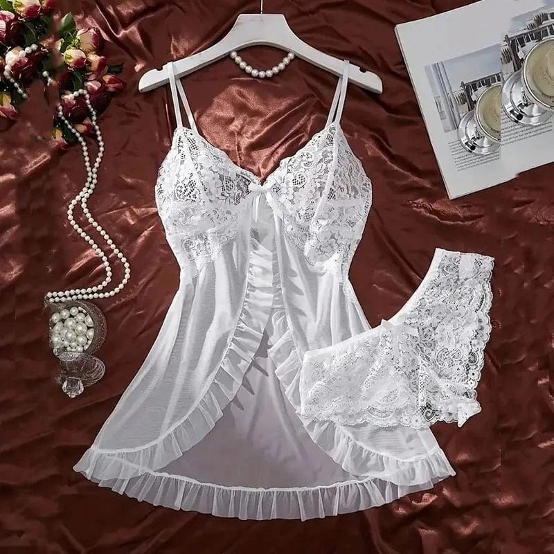 Tulle Ultra Sexy Nightgown V-neck Bra Open Sleep Skirt Night Erotic Dress Woman Sheer Pajamas Lingerie Thongs Luxury Kit - A-1 Thread Vault