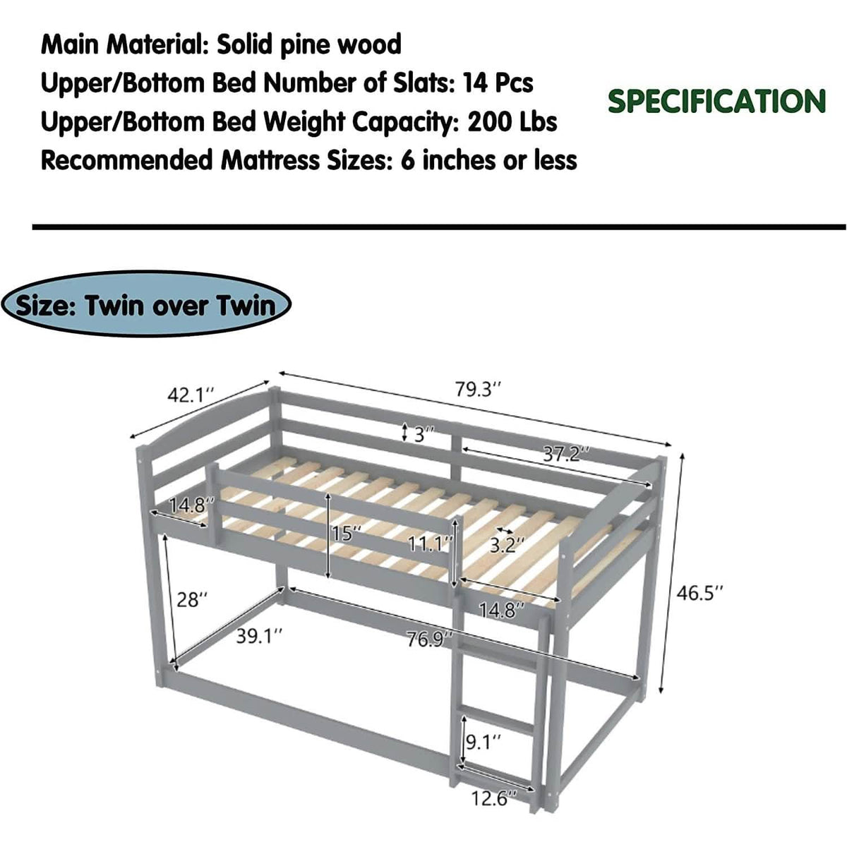 Twin Over Twin Floor Bunk Bed with Ladder - A-1 Thread Vault
