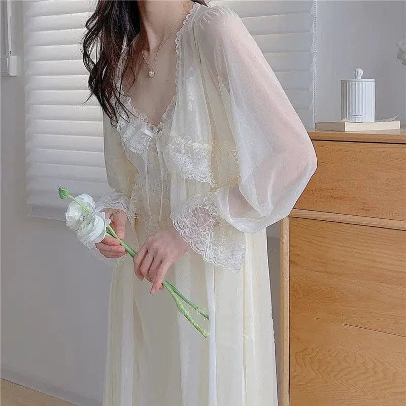 Two Piece Set Retro Palace Style Nightwear Women Nightgown Sleepwear Sexy Lace Mesh Robe Home Dressing Gown Loose Lingerie - A-1 Thread Vault