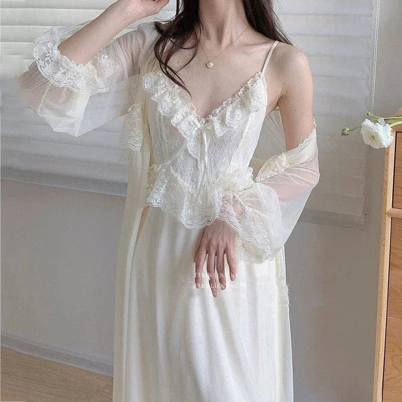 Two Piece Set Retro Palace Style Nightwear Women Nightgown Sleepwear Sexy Lace Mesh Robe Home Dressing Gown Loose Lingerie - A-1 Thread Vault