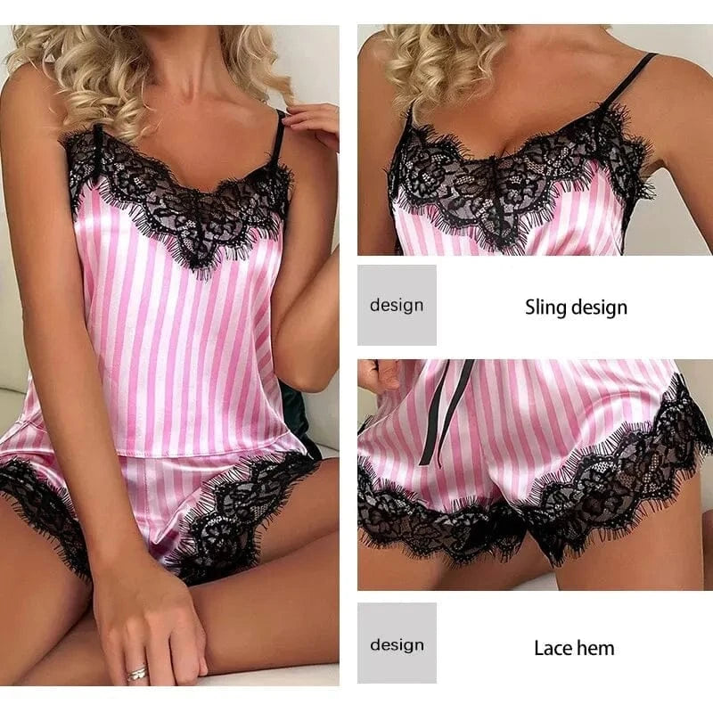 Two Piece Women's V-Neck Sexy Lace Suspender Pajama Shorts Set Casual Women's Sleeveless Sexy Pajama Set - A-1 Thread Vault