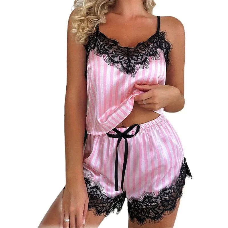 Two Piece Women's V-Neck Sexy Lace Suspender Pajama Shorts Set Casual Women's Sleeveless Sexy Pajama Set - A-1 Thread Vault