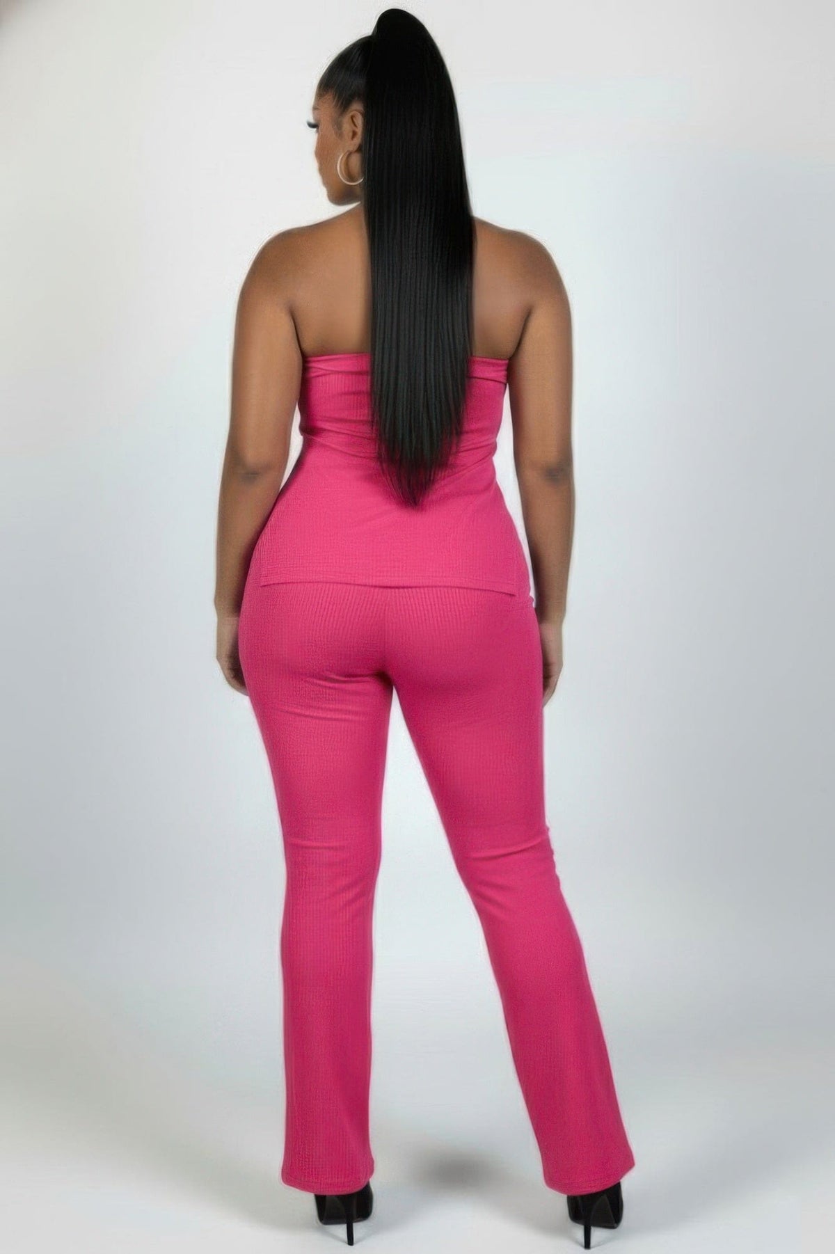 Ultra-fine Ribbed Slit Tube Top & High-waist Flare Pants Set - A-1 Thread Vault