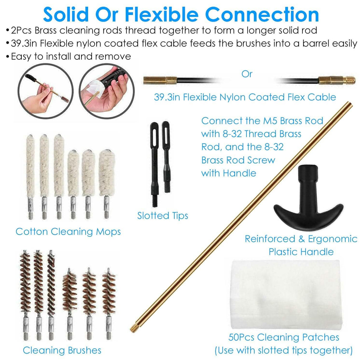 Universal Gun Cleaning Kit with 39.3" Flex Cable Brass Rod - A-1 Thread Vault
