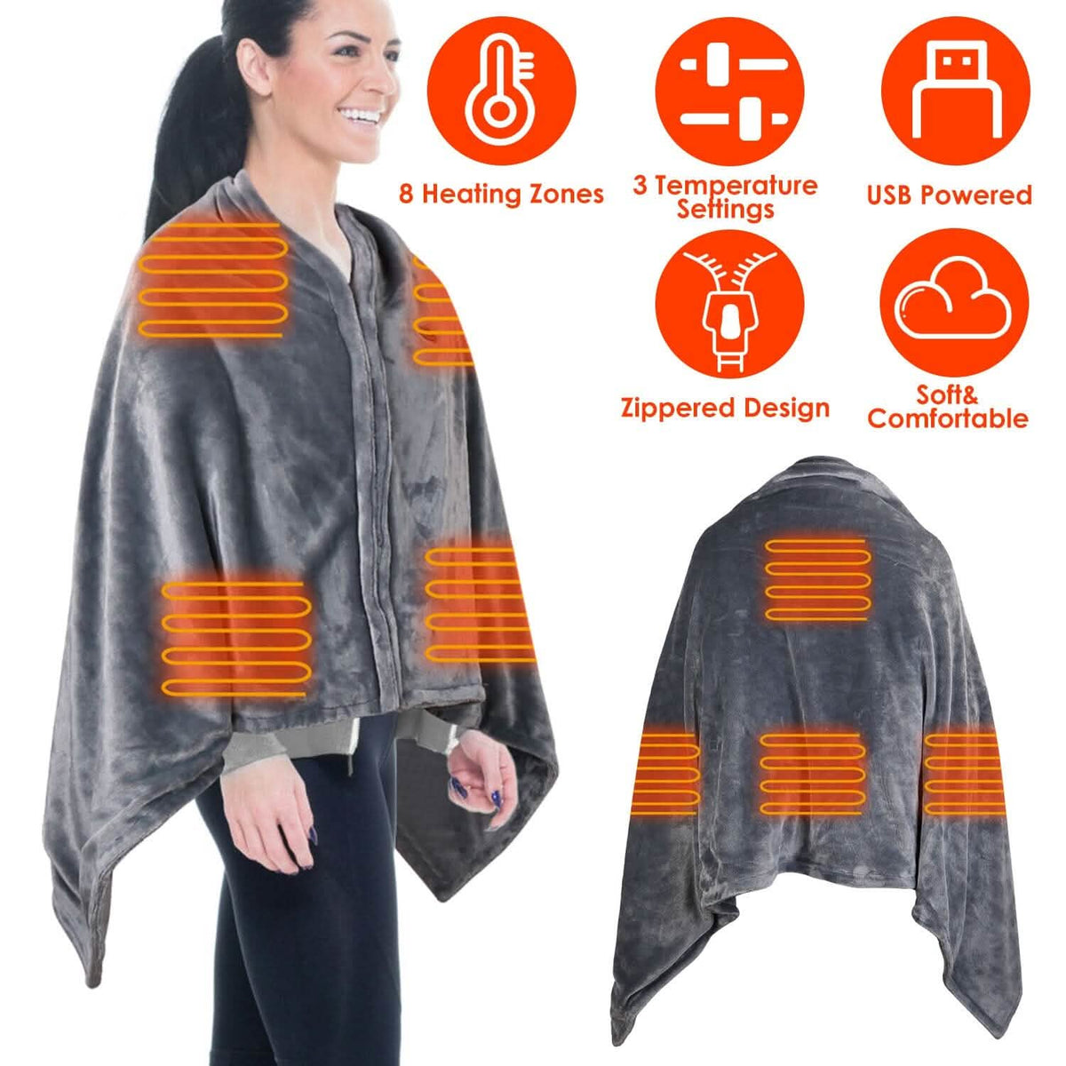 USB Heated Blanket Poncho Shawl Wrap Throw with Zipper Washable - A-1 Thread Vault