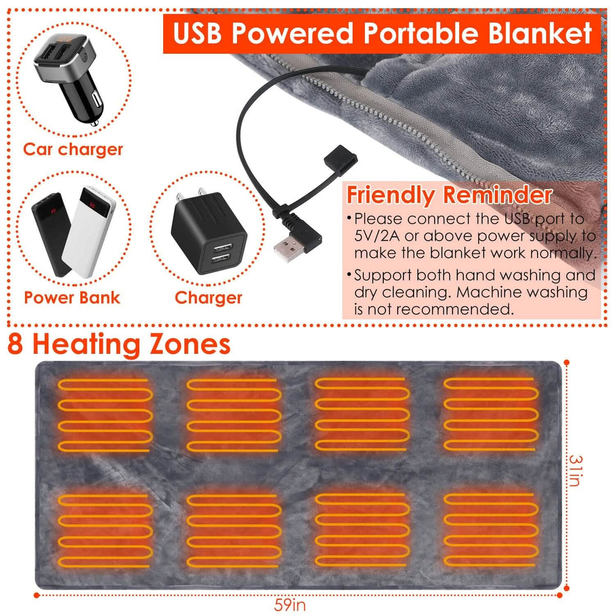 USB Heated Blanket Poncho Shawl Wrap Throw with Zipper Washable - A-1 Thread Vault
