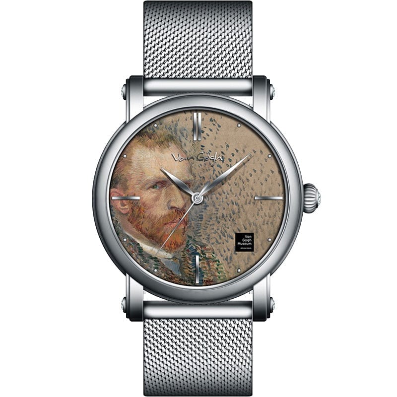 Van Gogh 3D Oil Painting Surface Steel Strap Self-portrait Quartz Wrist Men's Watch - A-1 Thread Vault