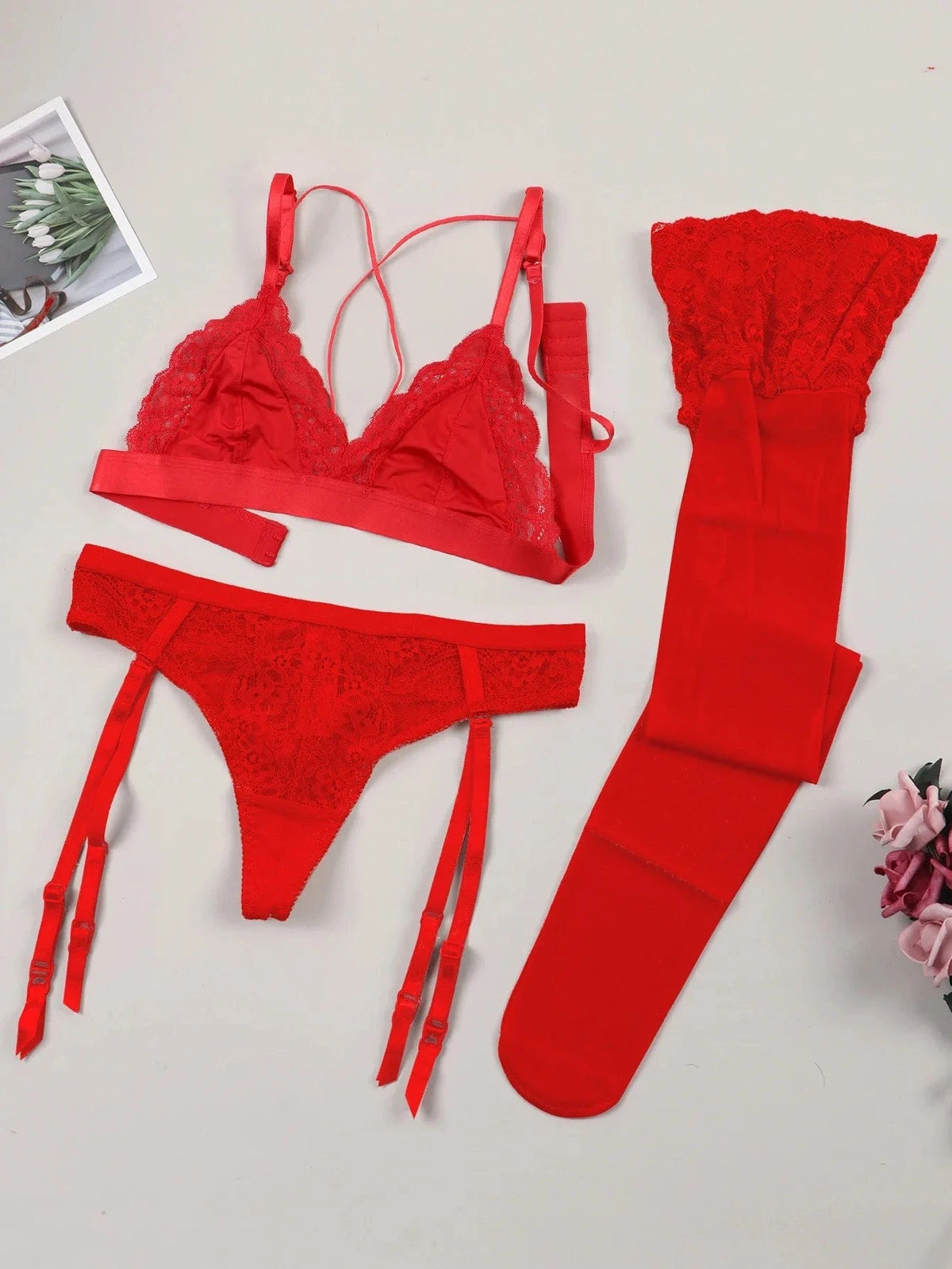 Varsbaby Lace Bra Sets for Women Non-padded Bra Panty Garter Stockings Summer Underwear Lingerie Sexy - A-1 Thread Vault