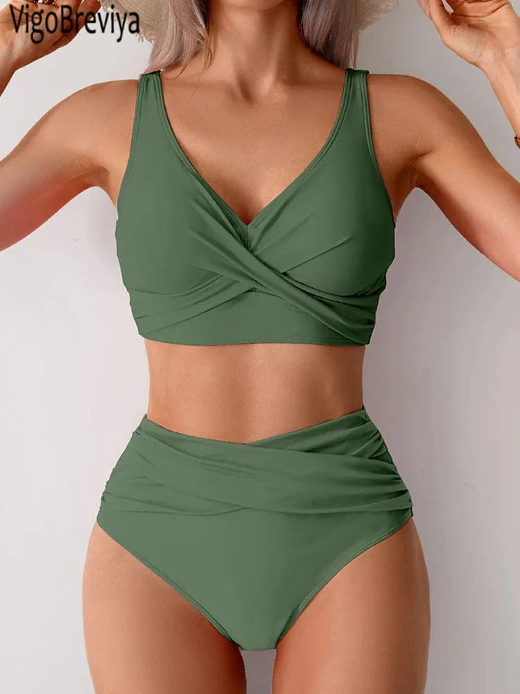 VigoBreviya 2025 Sexy Solid Strapped Swimwear Women Cross Push Up Bikini Set Brazilian Lady Swimsuit High Waist Beach Bath Suit - A-1 Thread Vault
