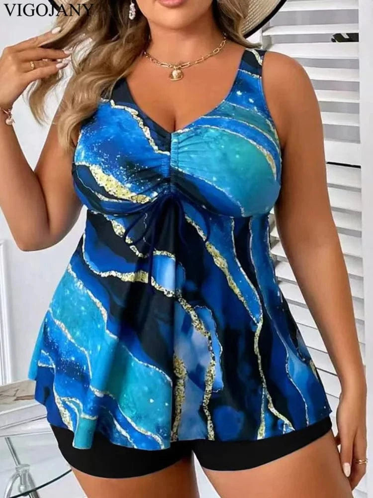 VigoJany 2026 Sexy Strapped 2 Piece Plus Size Tankini Set Women Print High Waist Curvy Swimsuit Brazilian Lady Big Bathing Suit - A-1 Thread Vault