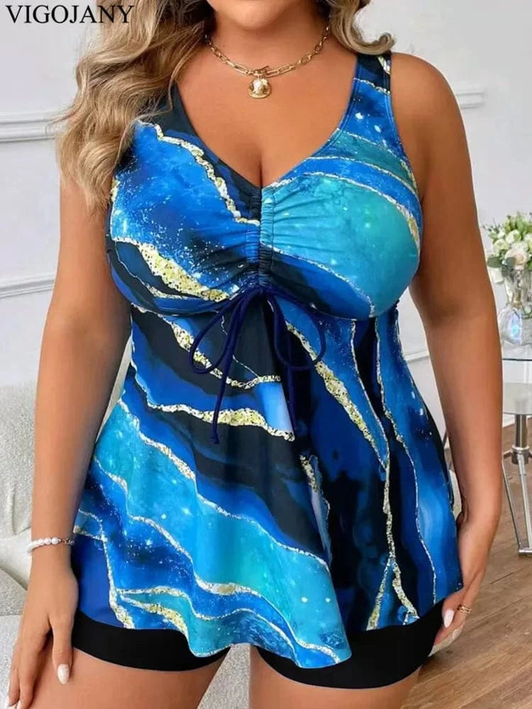 VigoJany 2026 Sexy Strapped 2 Piece Plus Size Tankini Set Women Print High Waist Curvy Swimsuit Brazilian Lady Big Bathing Suit - A-1 Thread Vault
