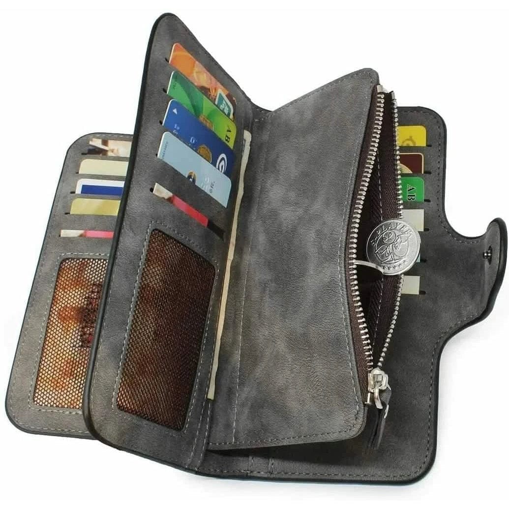 Vintage Faux Leather Long Wallet – Trifold Credit Card Holder with Snap & Zipper - A-1 Thread Vault