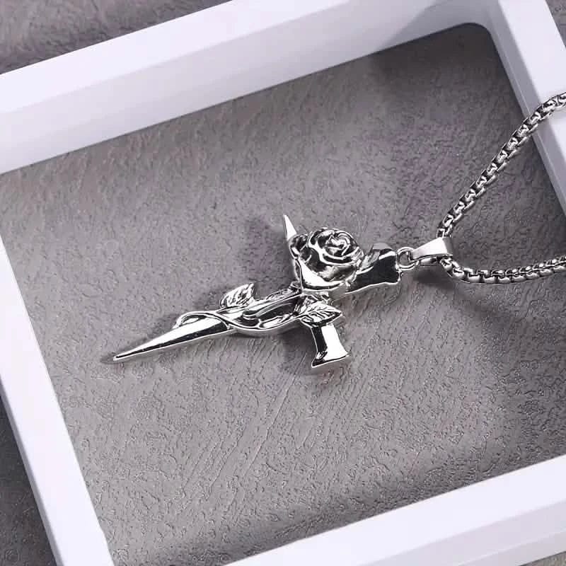 Vintage-Inspired Men's Titanium Steel Pendant Necklace - Unique Keel Chain Design with Cross and Rose Accents - A-1 Thread Vault