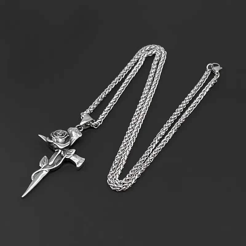 Vintage-Inspired Men's Titanium Steel Pendant Necklace - Unique Keel Chain Design with Cross and Rose Accents - A-1 Thread Vault