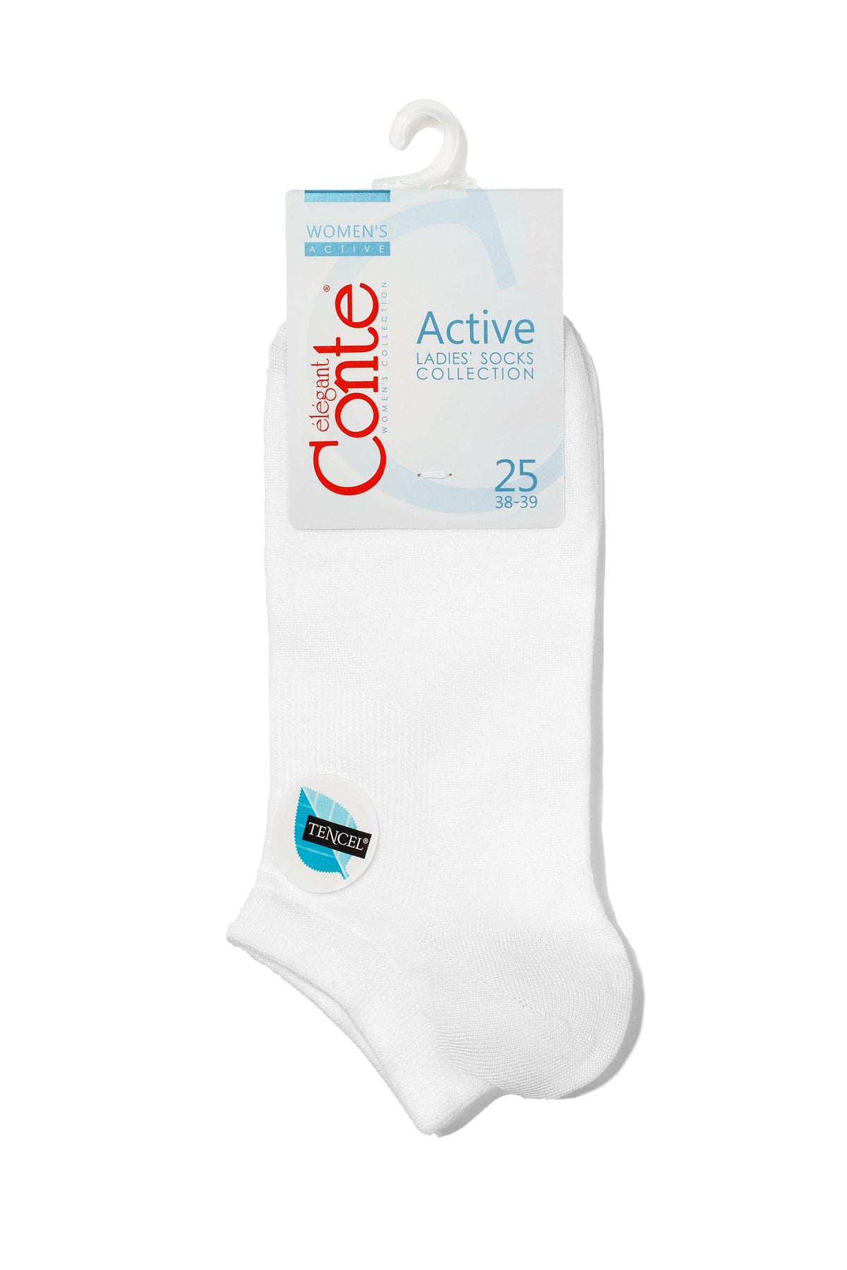 A pair of white ankle socks on a cardboard hanger with a label featuring blue and red text.