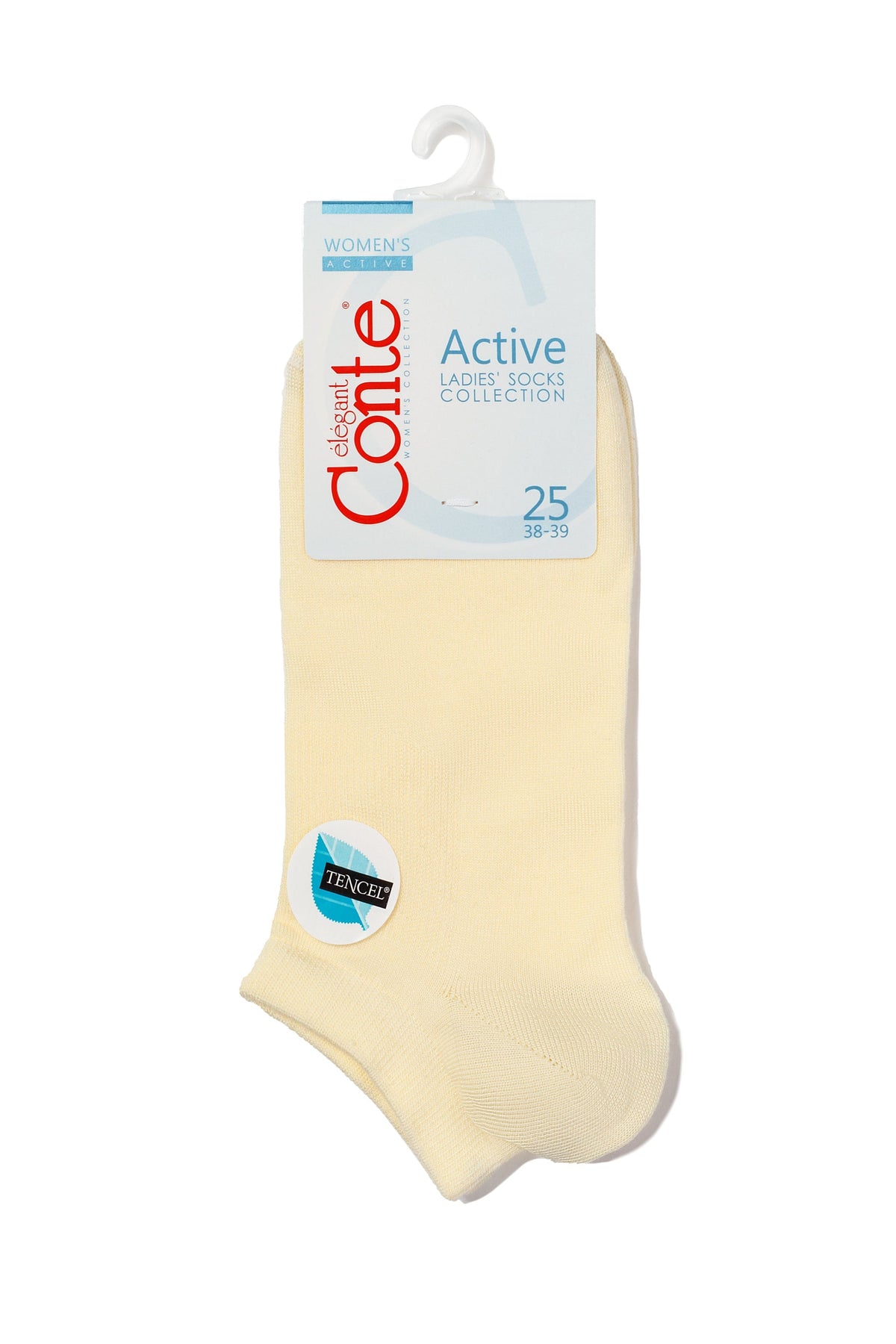 A pair of pale yellow ankle socks displayed on a white branded cardboard hanger.